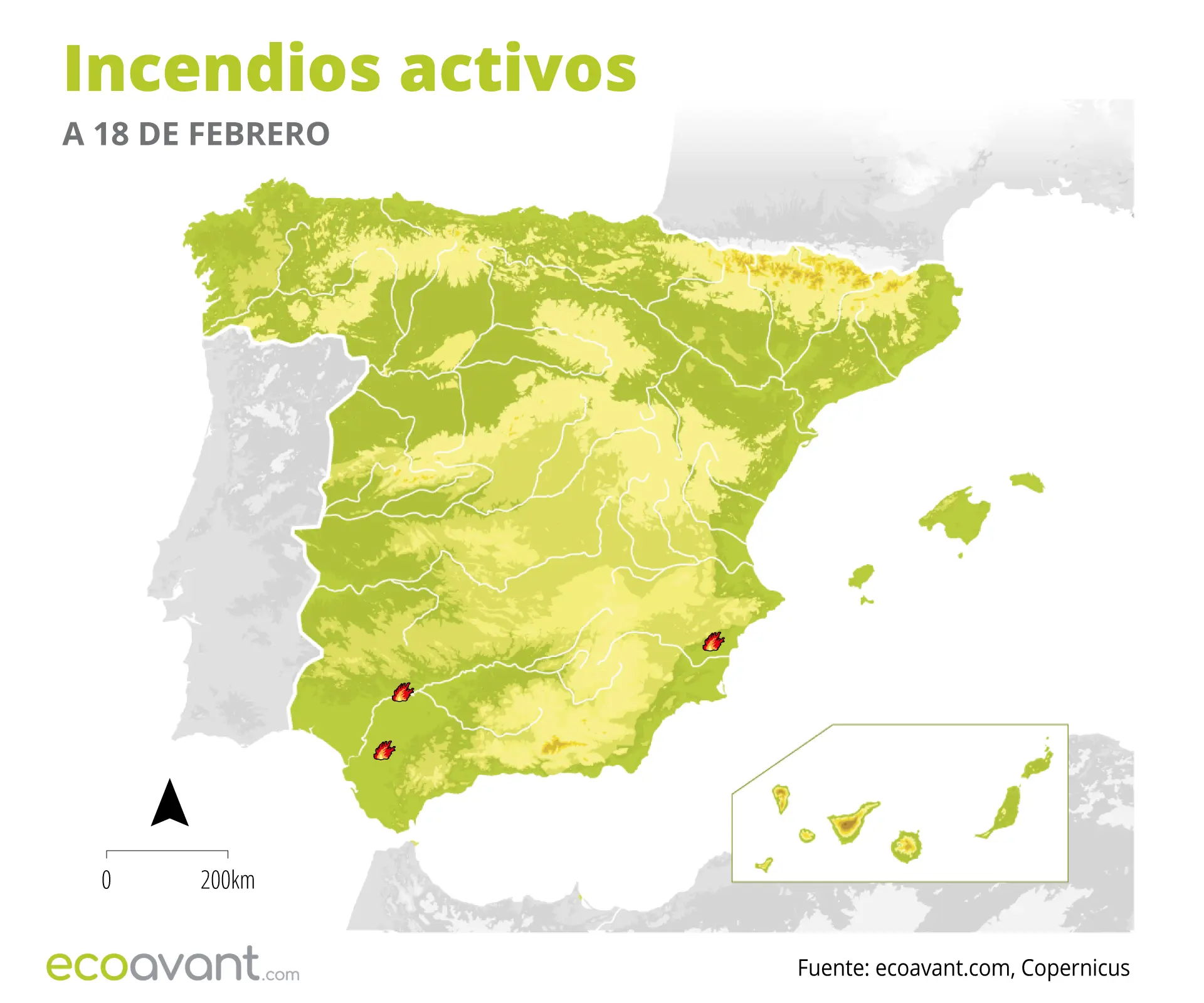 Mapa de los incendios forestales activos a 18 de febrero de 2025 / Imagen: EA