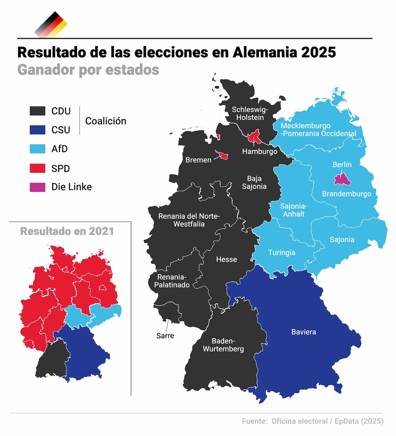 Resultados de las elecciones Alemania 2025 por estados / Mapa: EP