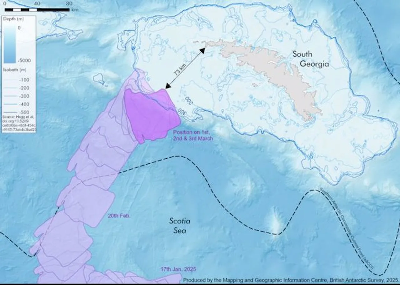 El gráfico muestra la ruta que ha seguido el iceberg A23a desde el 17 de enero de 2025 / Imagen: British Antarctic Survey