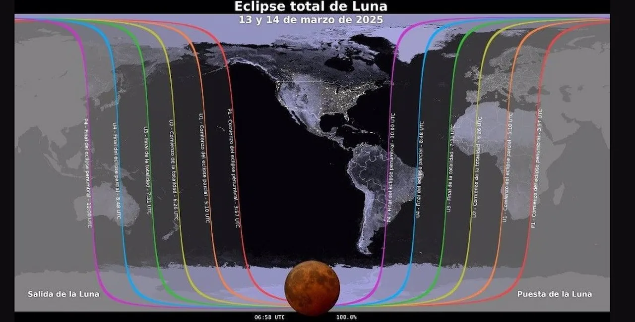 Mapa que muestra dónde será visible el eclipse lunar del 13 al 14 de marzo de 2025. Los contornos marcan el borde de la región de visibilidad en las horas de contacto del eclipse, identificados con la hora universal (UTC). - NASA