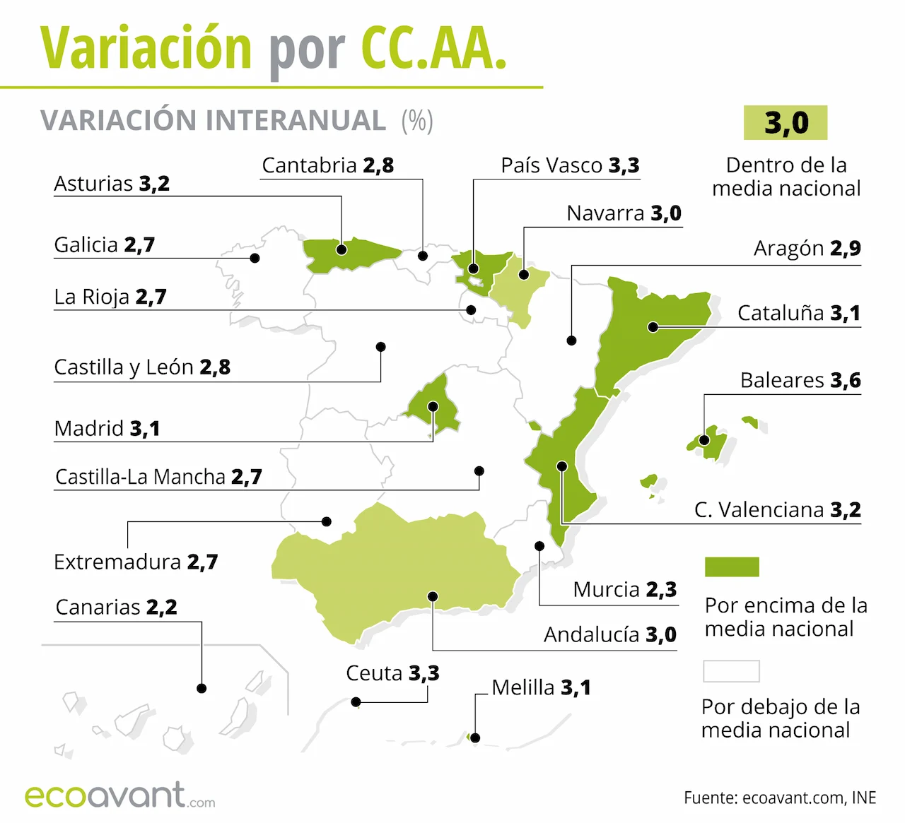 Variación interanual de la inflación y el IPC por CCAA hasta febrero de 2025 / Mapa: EA